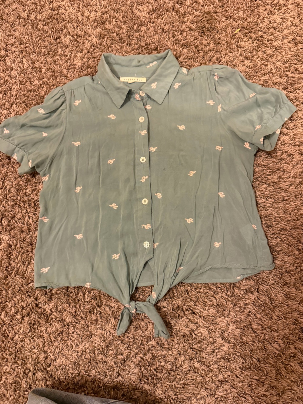 Copper Key Sage Green Button-Front Top with Pink Embroidery